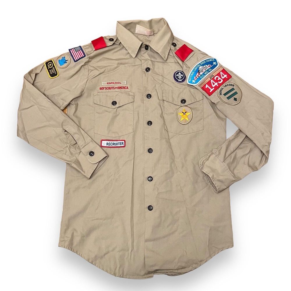 Vintage BSA Boy Scouts of America USA Men Official Shirt Patches Sz Sm 14-14 1/2